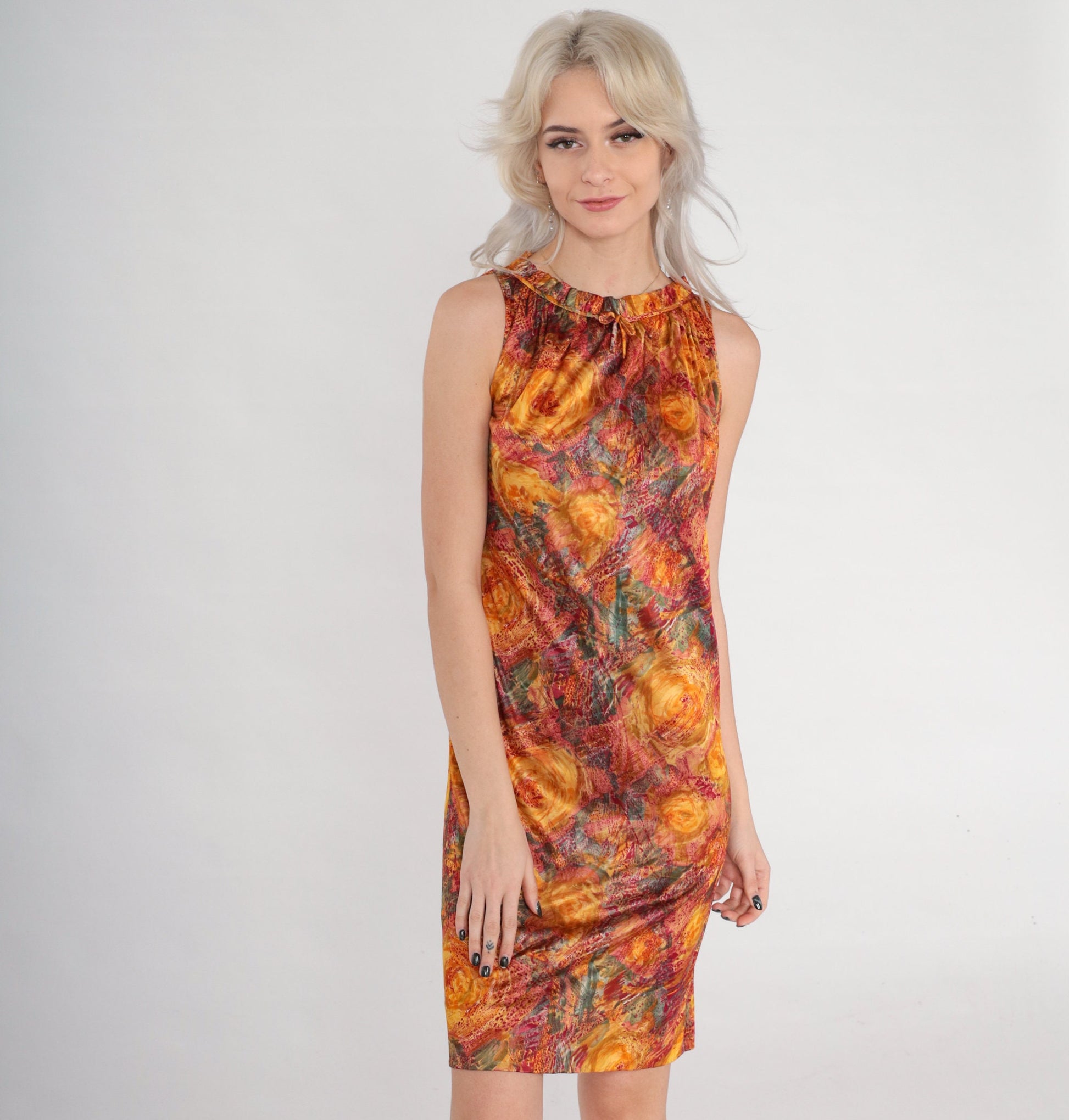 60s Mod Mini Shift Dress Watercolor Floral Print Orange High Neck Small