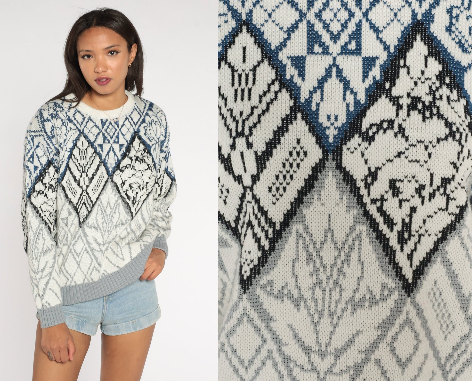 90s Geometric Abstract Jacquard Knit Sweater White Crewneck Small