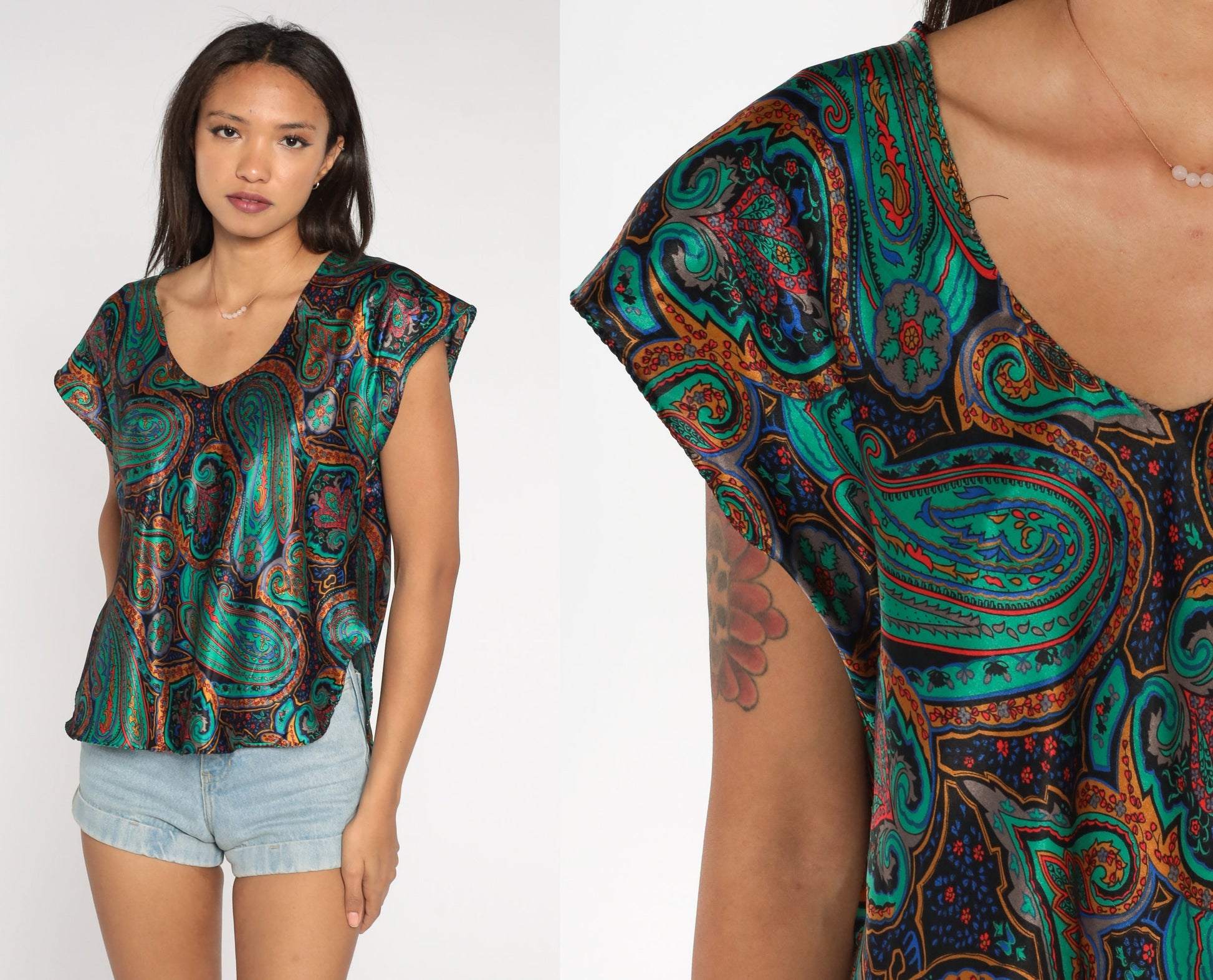 80s Paisley Pajama Top Green Cap Sleeve Sleep Shirt Large L