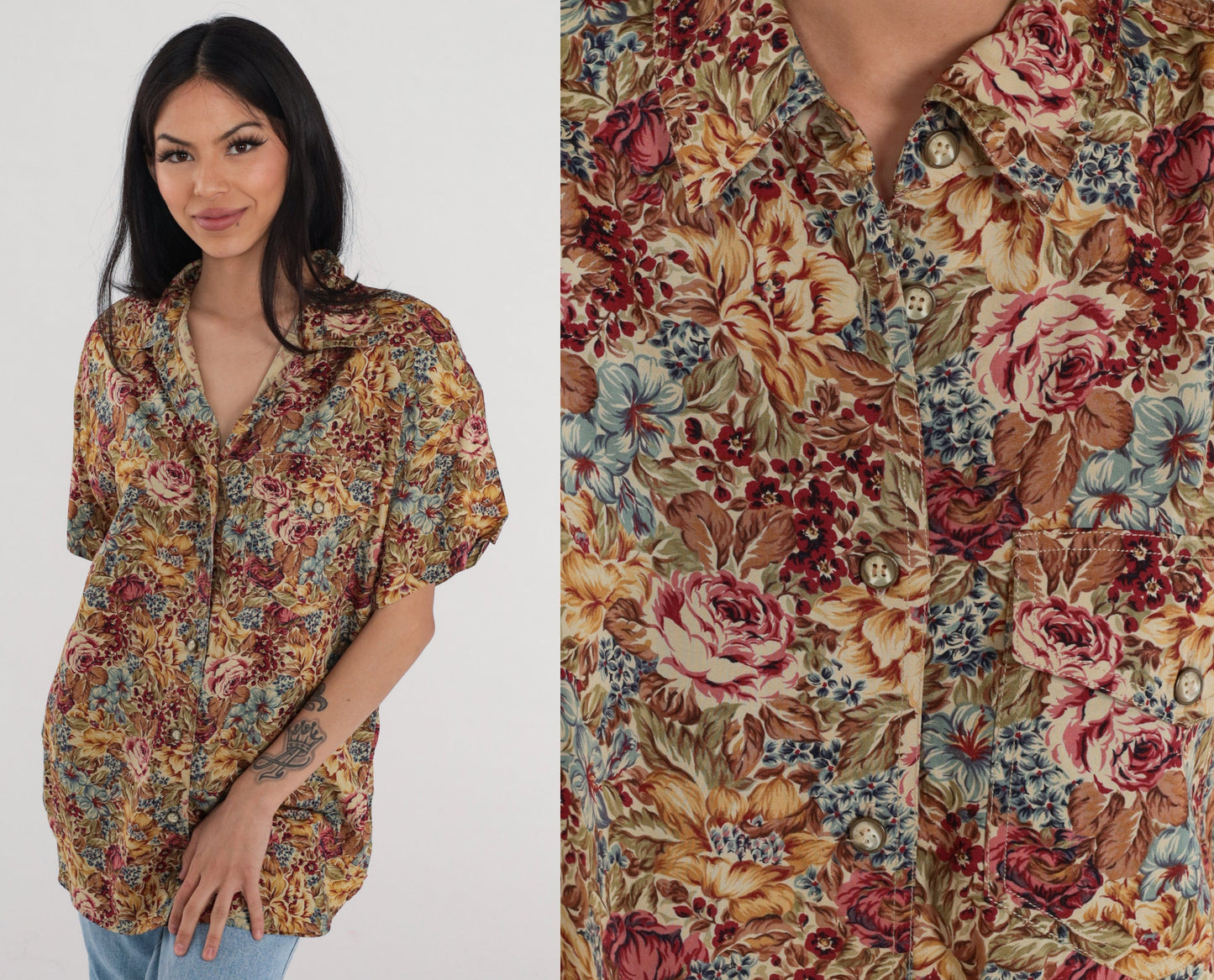 Y2K Liz Claiborne Floral Button-Up Blouse Short Sleeve Rayon Multicolor Large L