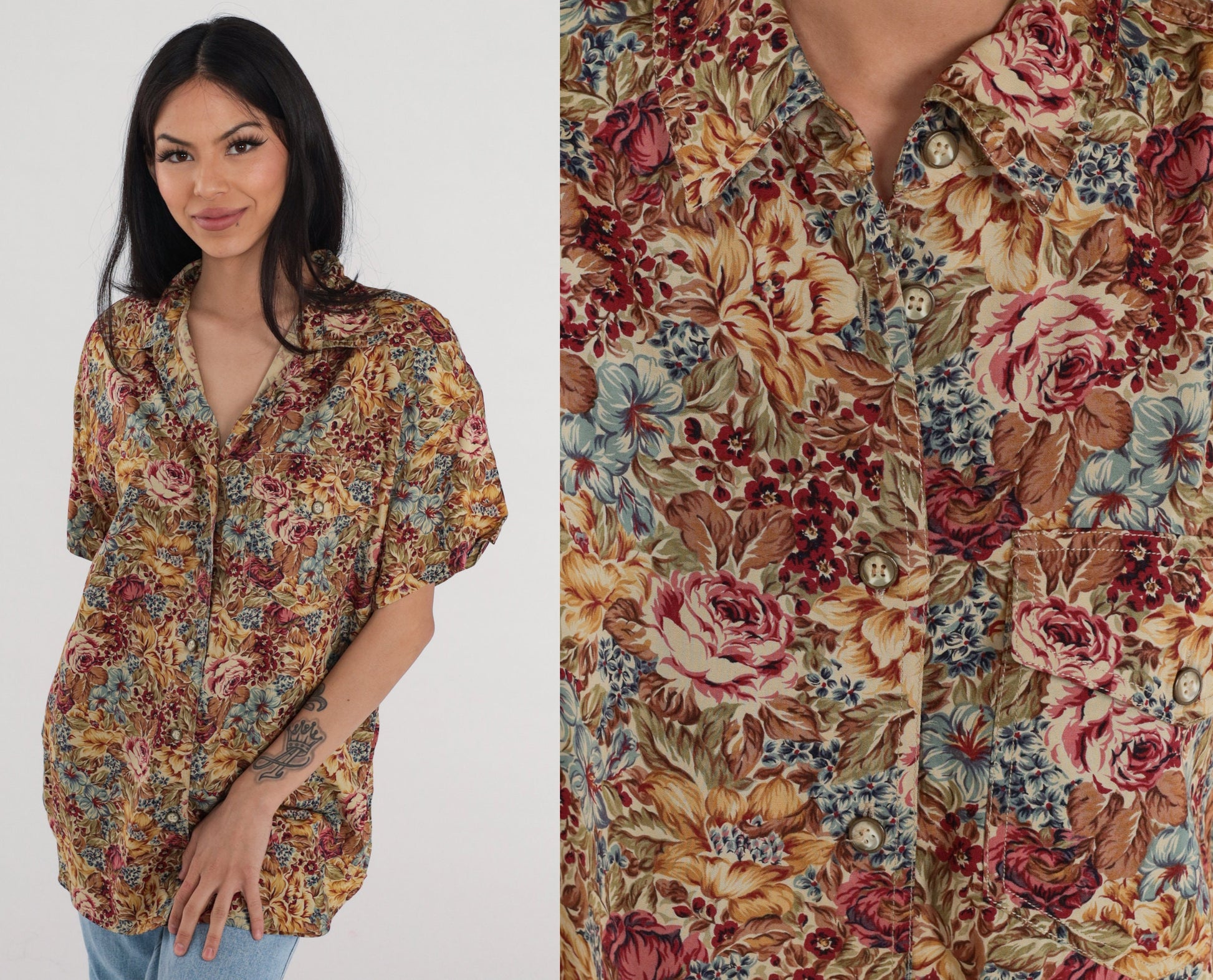 Y2K Liz Claiborne Floral Button-Up Blouse Short Sleeve Rayon Multicolor Large L