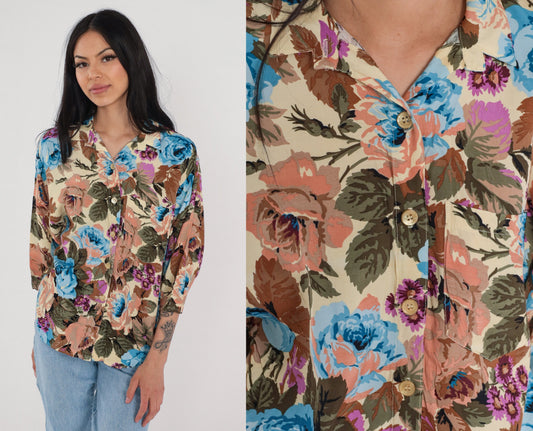 90s Floral Button-Up Blouse Rose Print 3/4 Sleeve Collared Shirt Medium