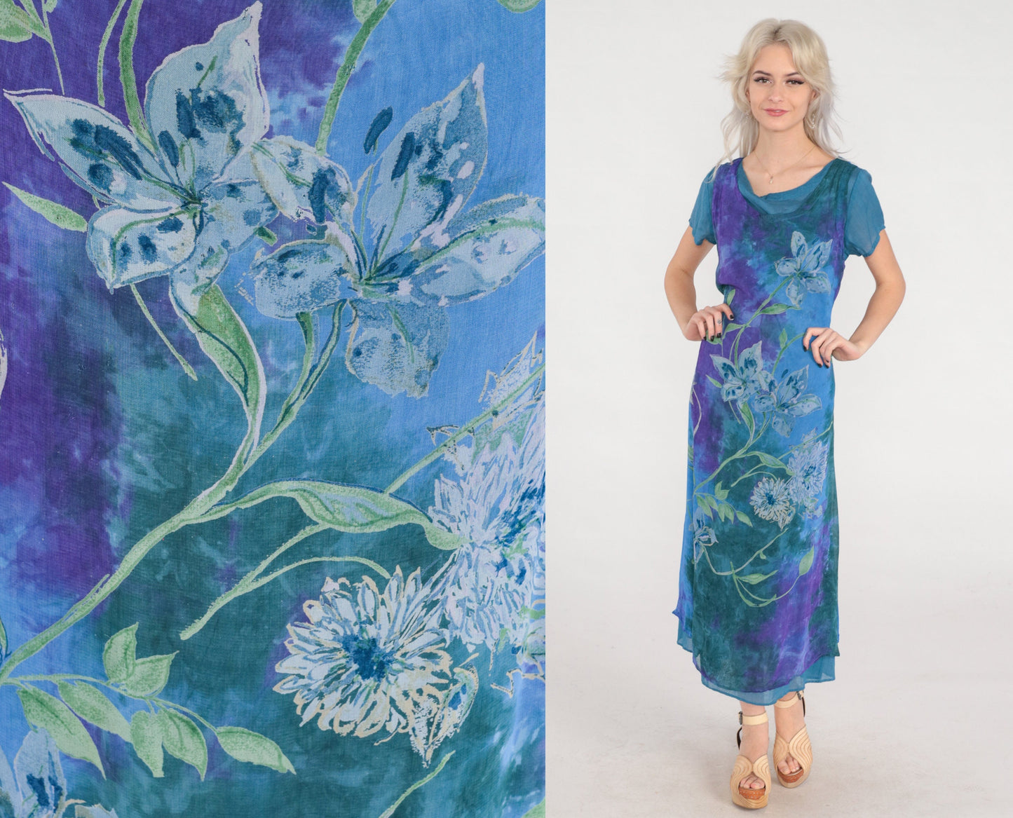 00s Tie Dye Floral Midi Dress Purple Blue Green Layered Short Sleeve Small