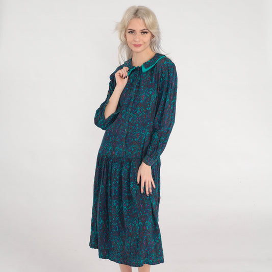 80s Green Floral Midi Dress Collared Puff Sleeve Drop Waist Small
