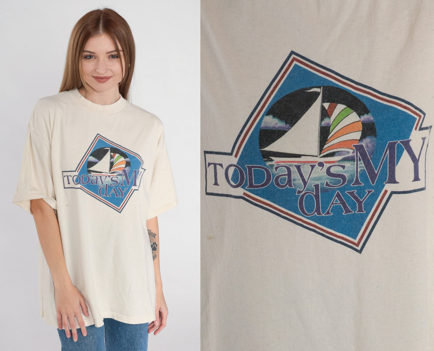 90s Sailboat Graphic T-Shirt Today's My Day Cream Cotton Tee Extra Large XL