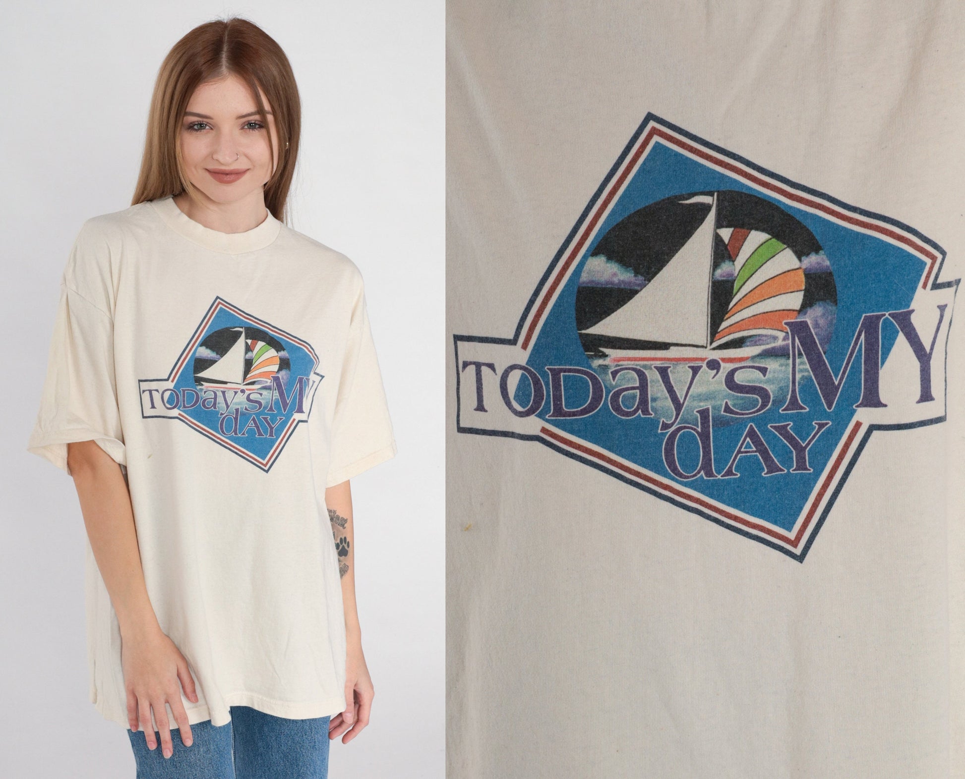 90s Sailboat Graphic T-Shirt Today's My Day Cream Cotton Tee Extra Large XL