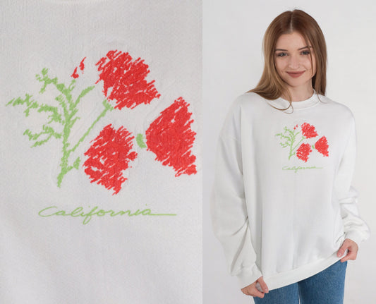 90s California Poppy Graphic Sweatshirt White Crewneck Pullover Large