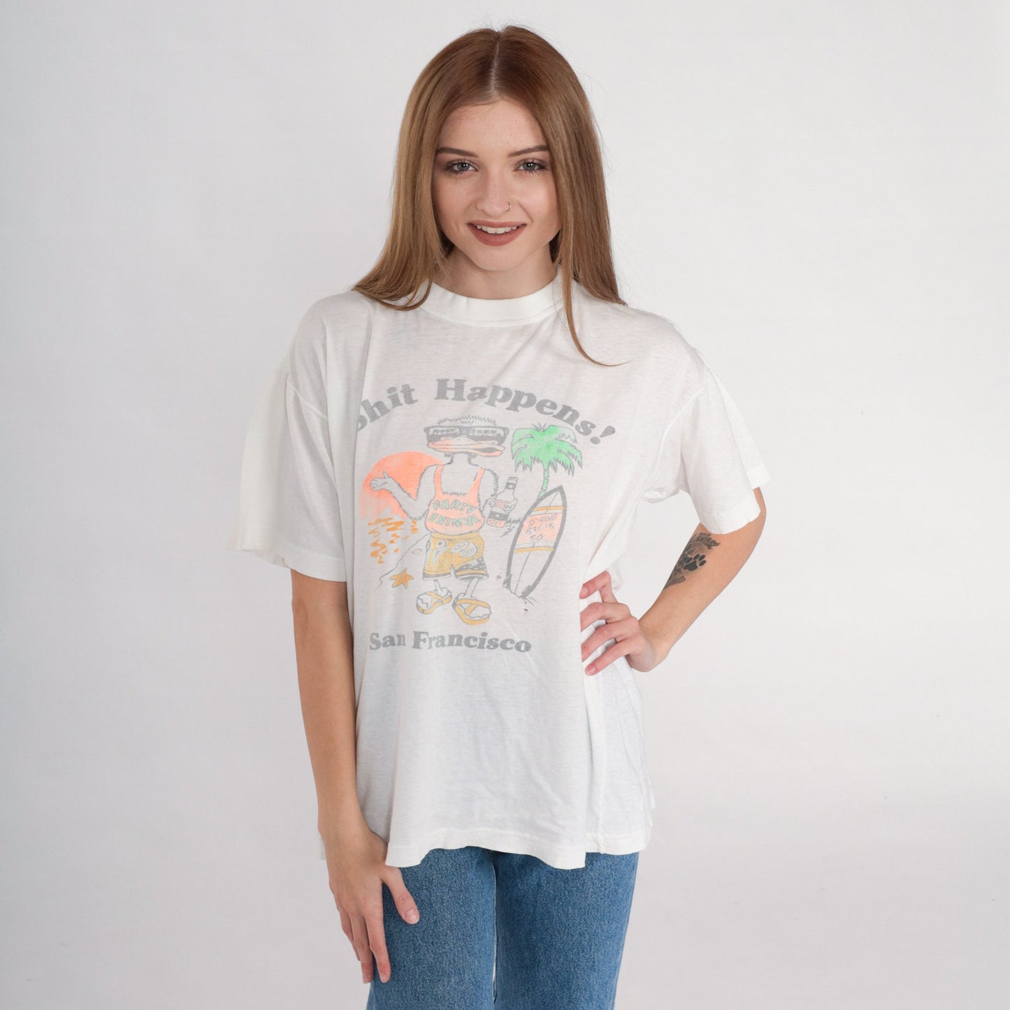 90s Shit Happens San Francisco Duck Graphic T-Shirt White Single Stitch Large