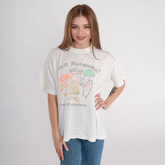 90s Shit Happens San Francisco Duck Graphic T-Shirt White Single Stitch Large
