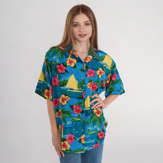 90s Blue Silk Hawaiian Shirt Tropical Hibiscus Sailboat Print Large L