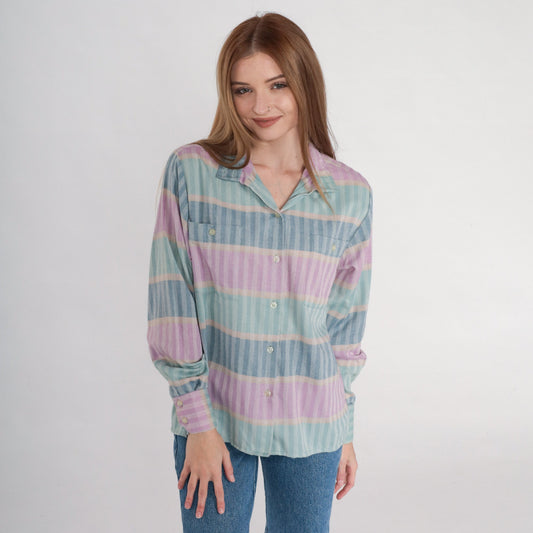 90s Striped Button-Up Blouse Multicolor Long Sleeve Collared Shirt Small