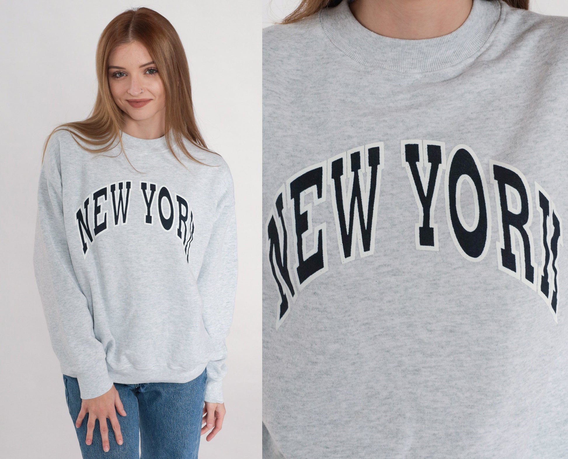 Y2K New York NYC Graphic Sweatshirt Heather Grey Crewneck Medium M