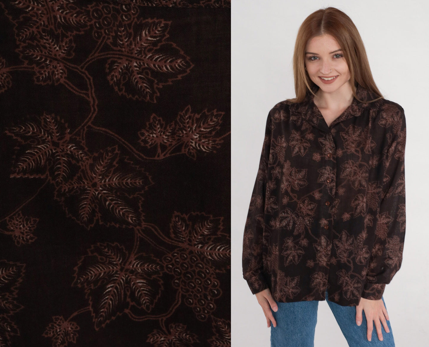 80s Grapevine Blouse Brown Button Up Shirt Grape Leaf Print Medium M