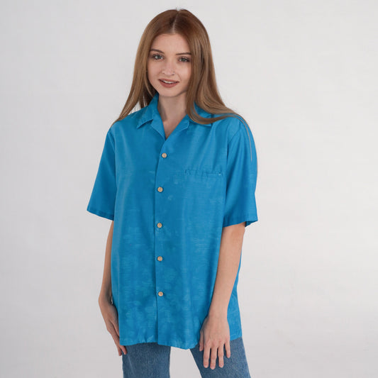 90s Blue Floral Button-Up Blouse Short Sleeve Collared Shirt Medium M