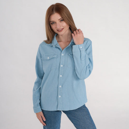 90s Blue Chambray Button-Up Shirt Long Sleeve Chest Pocket Small S