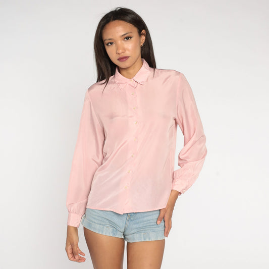80s Leslie Fay Baby Pink Button-Up Blouse Long Sleeve Collared Medium