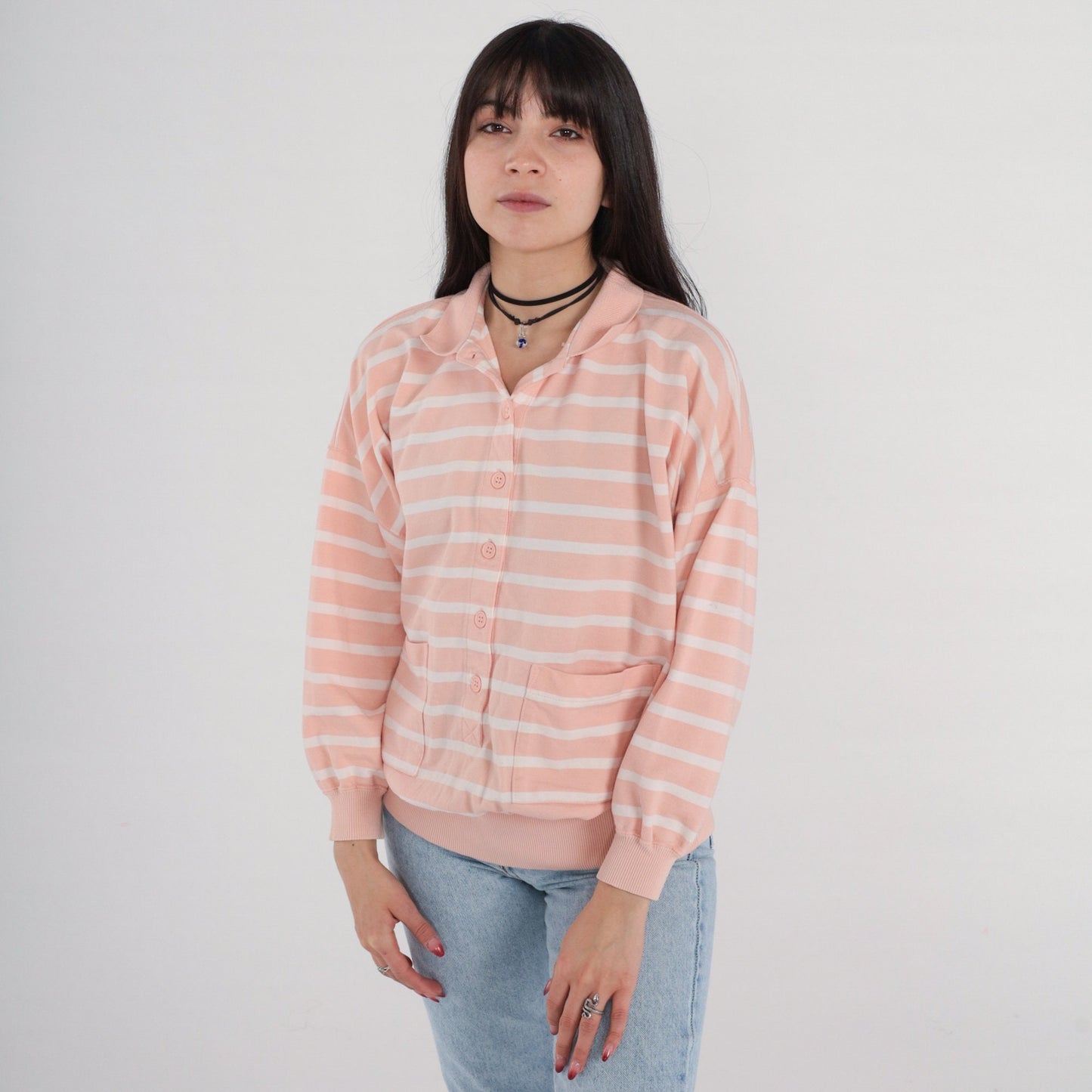 90s Peach Striped Polo Sweatshirt Collared Cotton Blend White Large