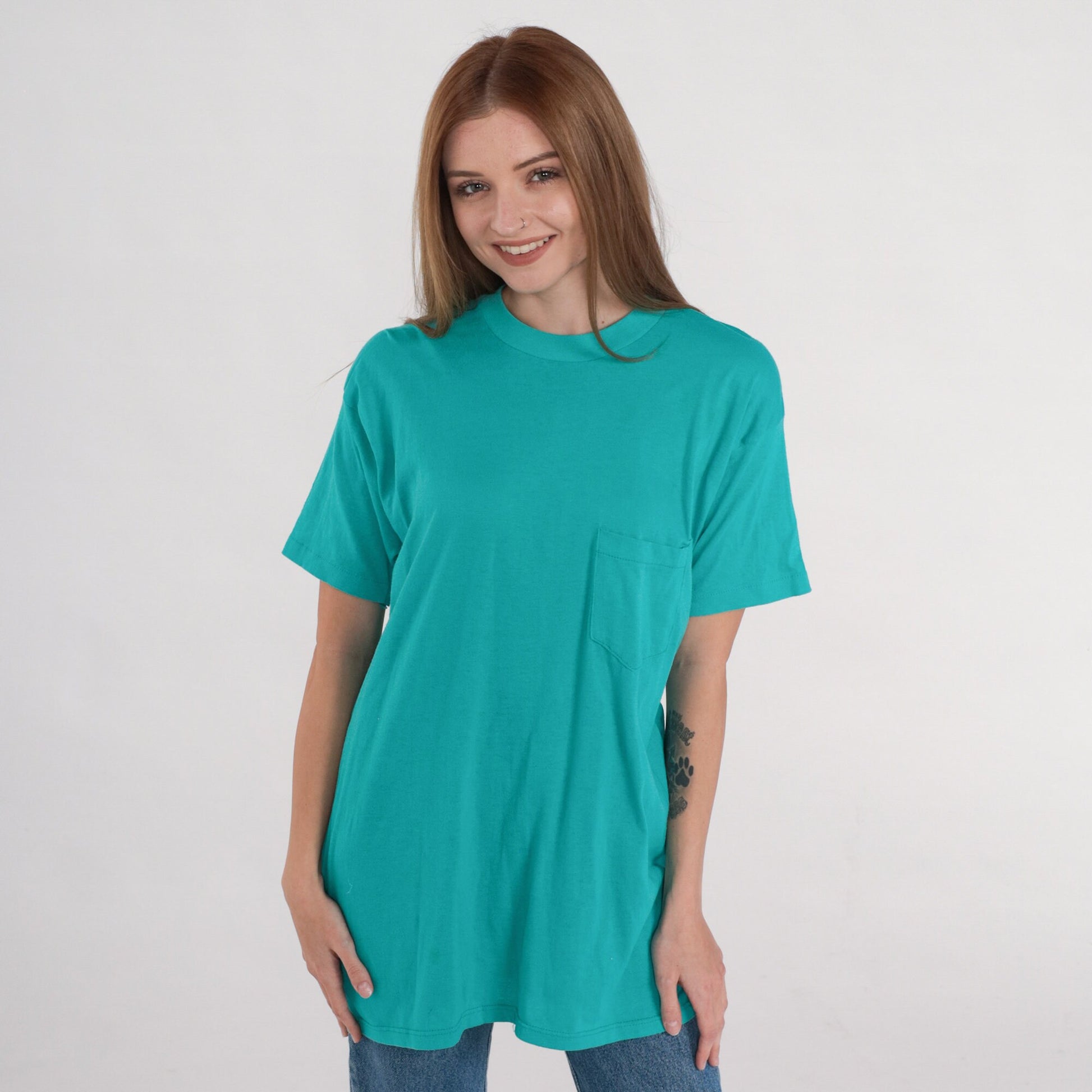 90s Teal Pocket T-Shirt Plain Cotton Crewneck Medium
