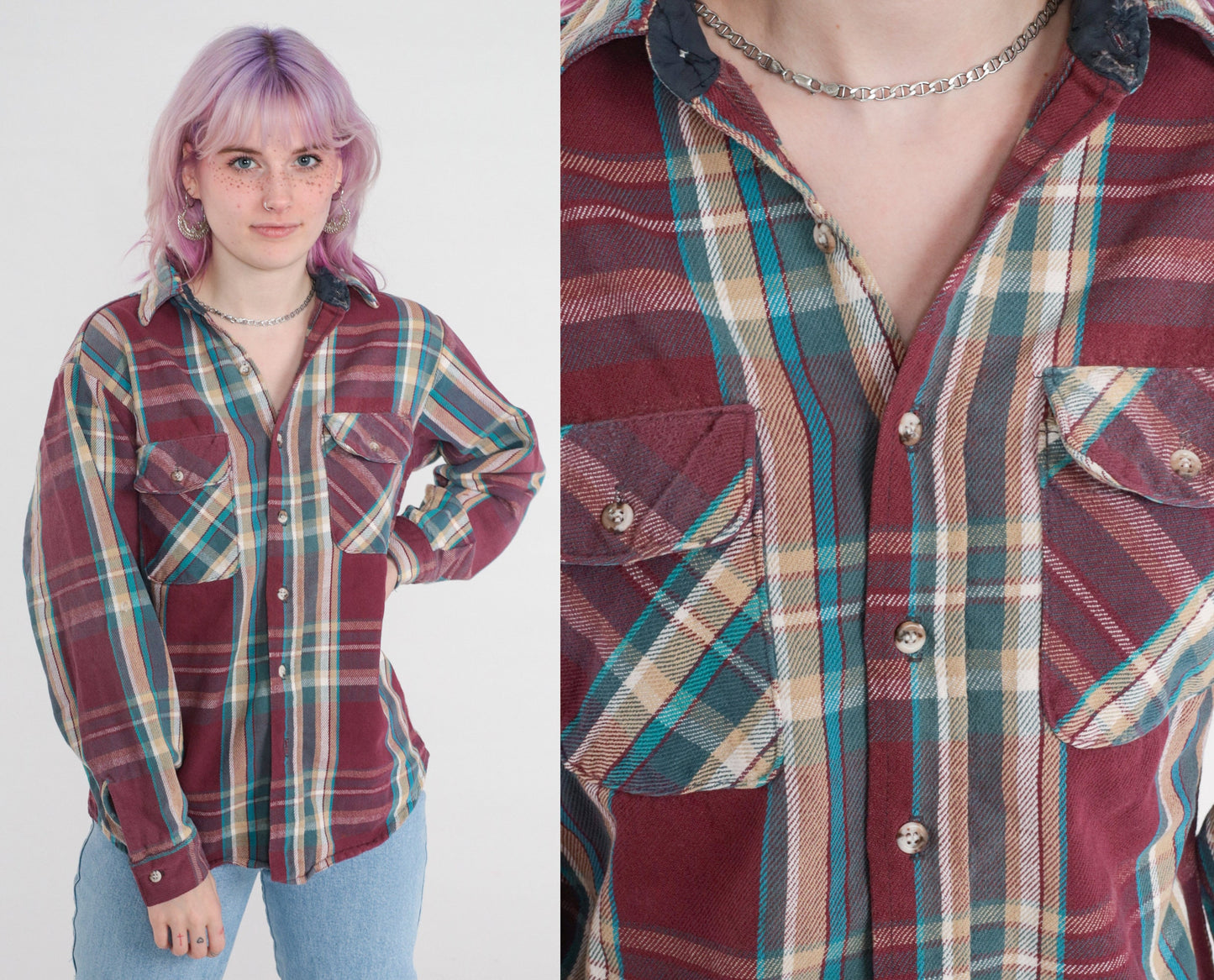 90s Burgundy Plaid Button-Up Shirt Long Sleeve Checkered Medium