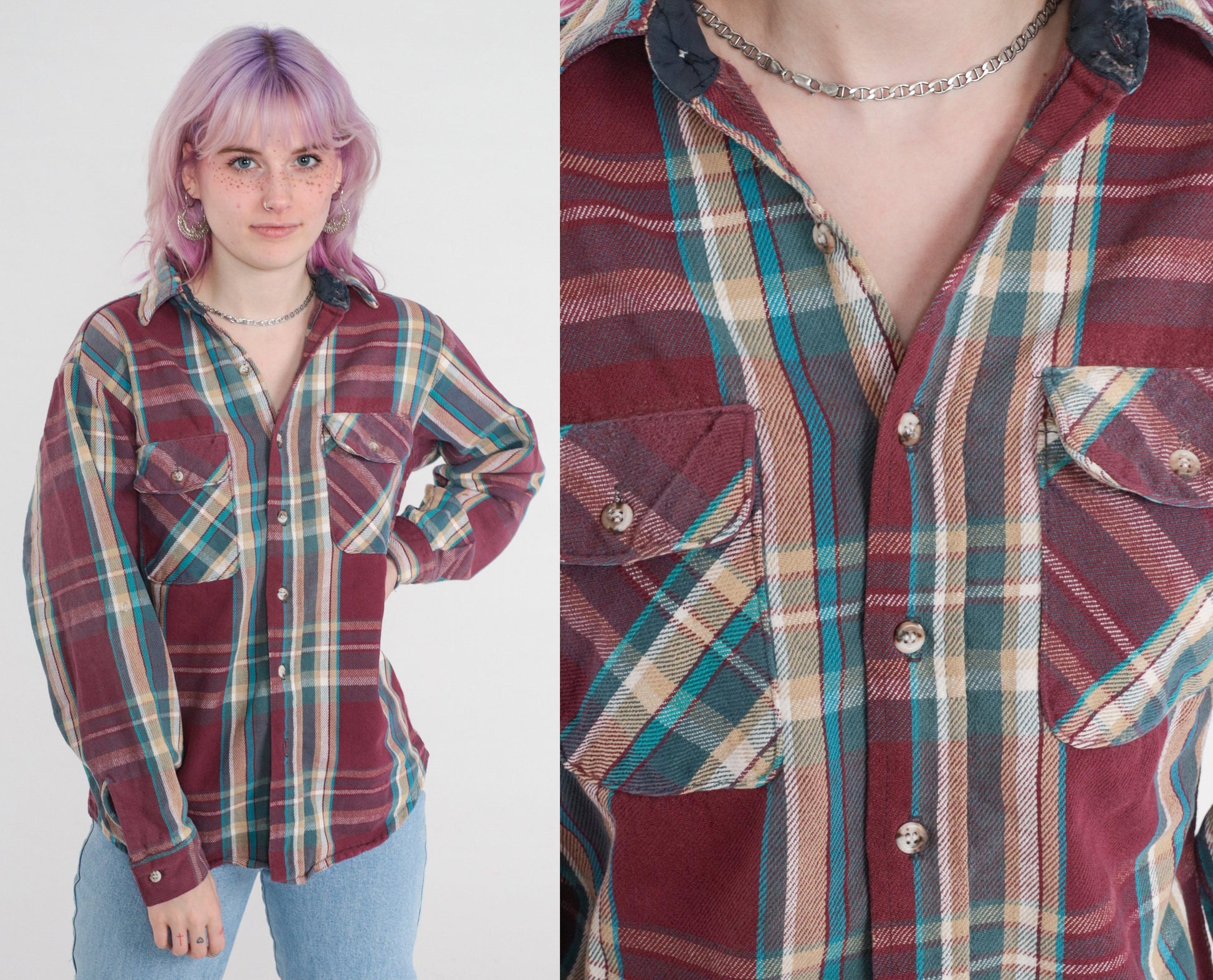 90s Burgundy Plaid Button-Up Shirt Long Sleeve Checkered Medium
