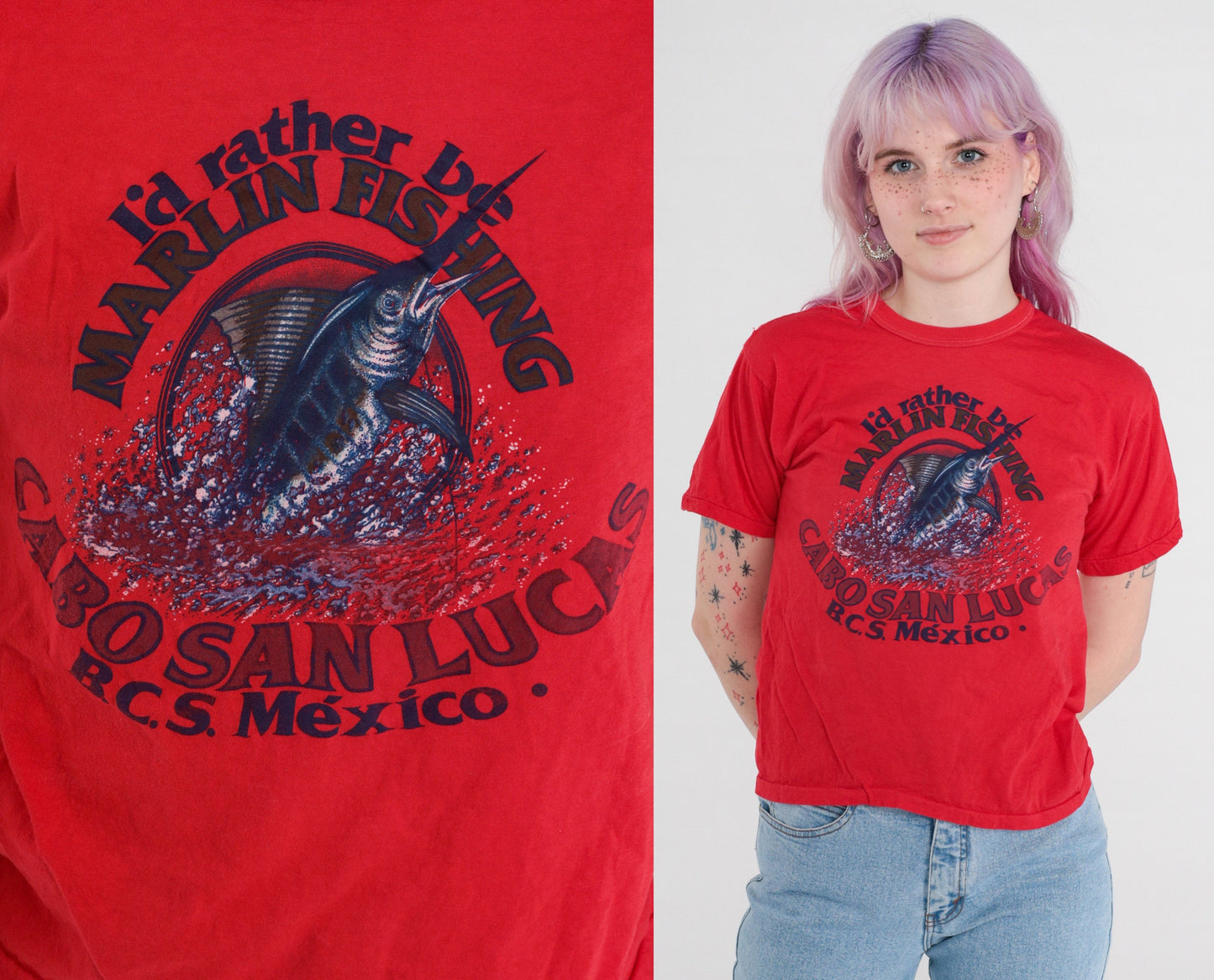 00s Cabo San Lucas Marlin Fishing Graphic T-Shirt Red Mexico Tee Small