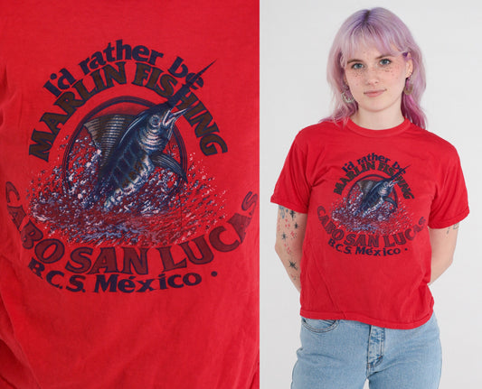 00s Cabo San Lucas Marlin Fishing Graphic T-Shirt Red Mexico Tee Small