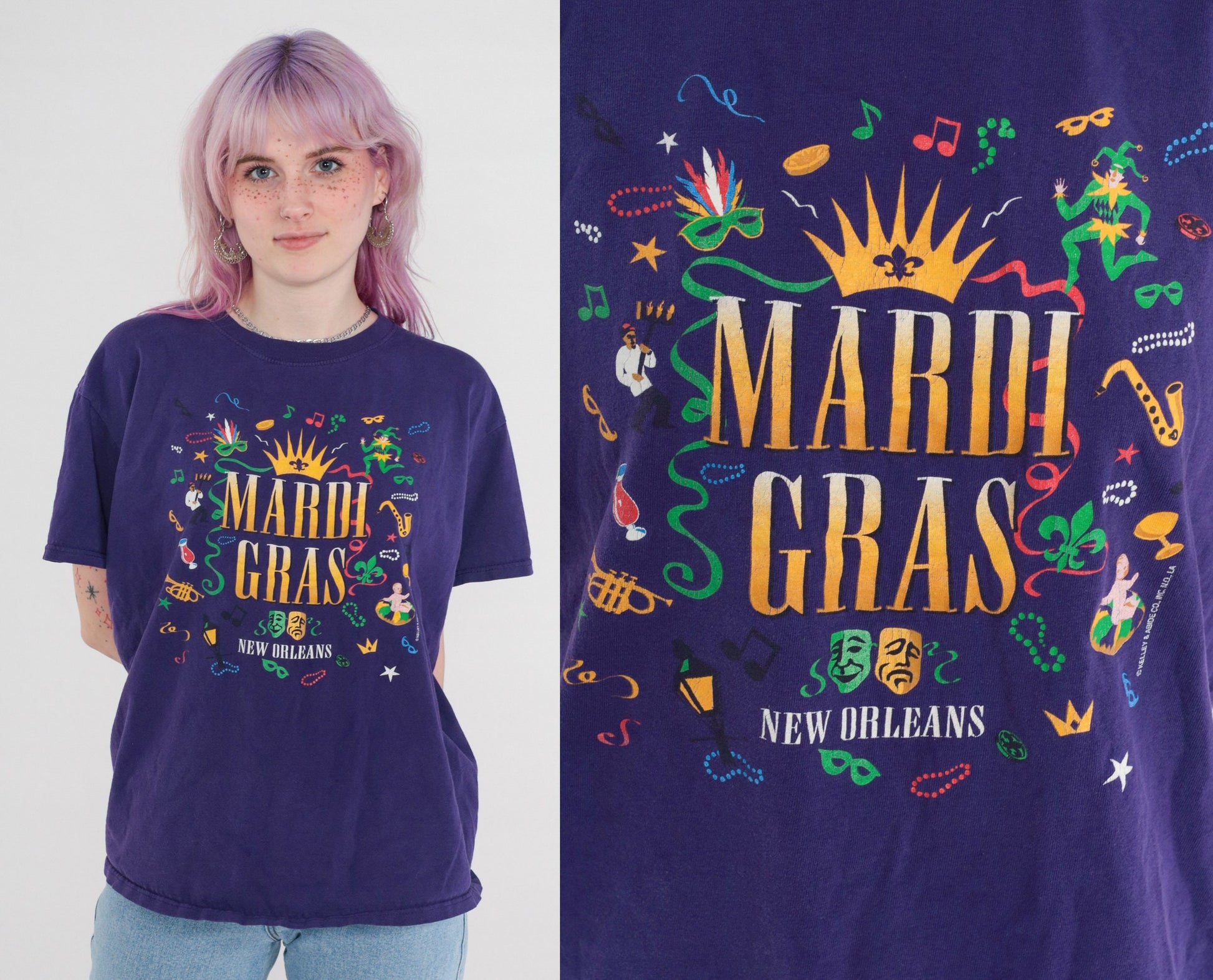90s New Orleans Mardi Gras Masquerade Graphic T-Shirt Purple Jerzees Large