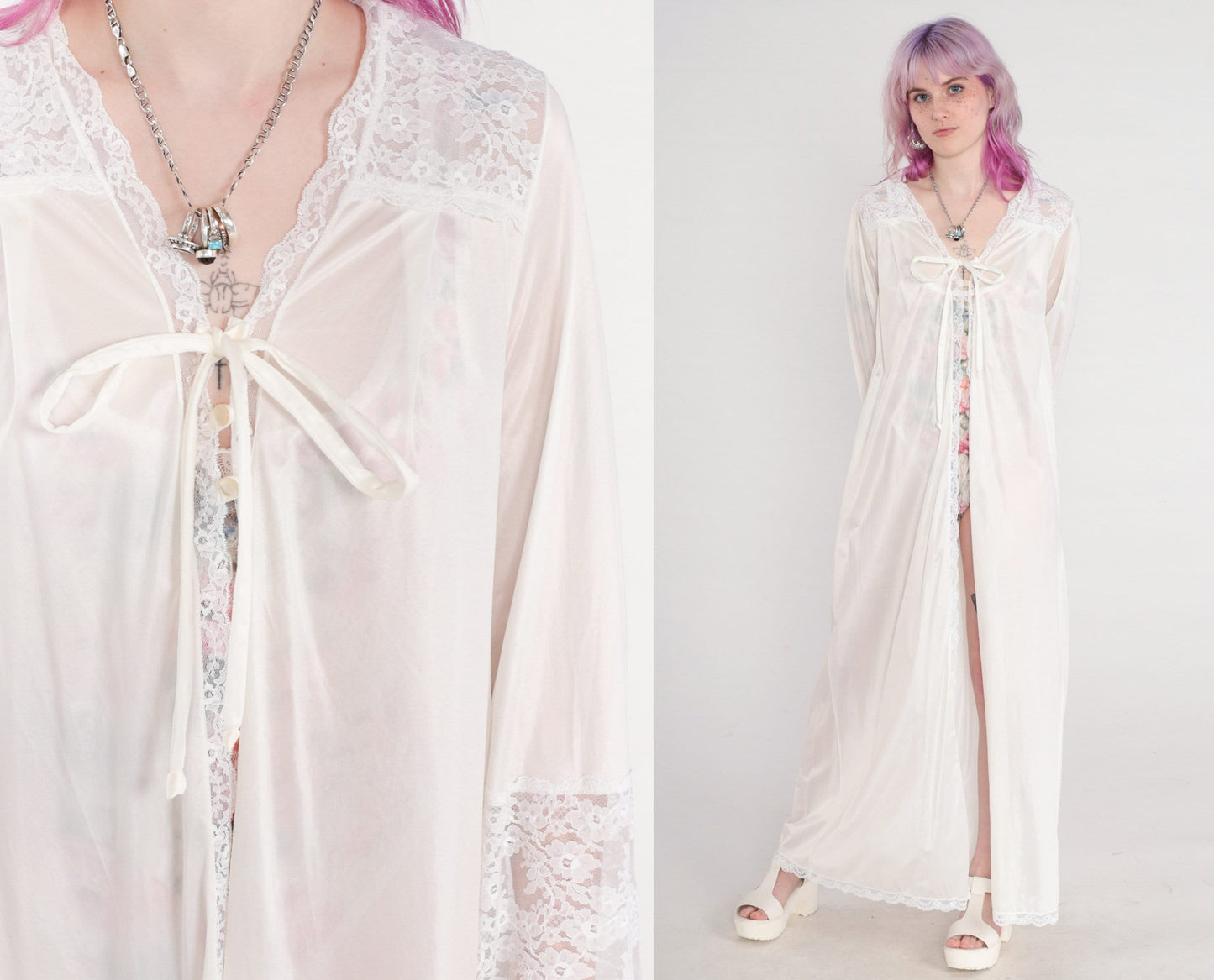 70s Gilead White Nylon Maxi Lingerie Robe Lace Trim Tie Front Small