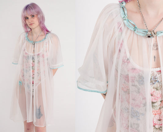 80s White Sheer Nylon Lingerie Robe Puff Sleeve Open Front Medium Large