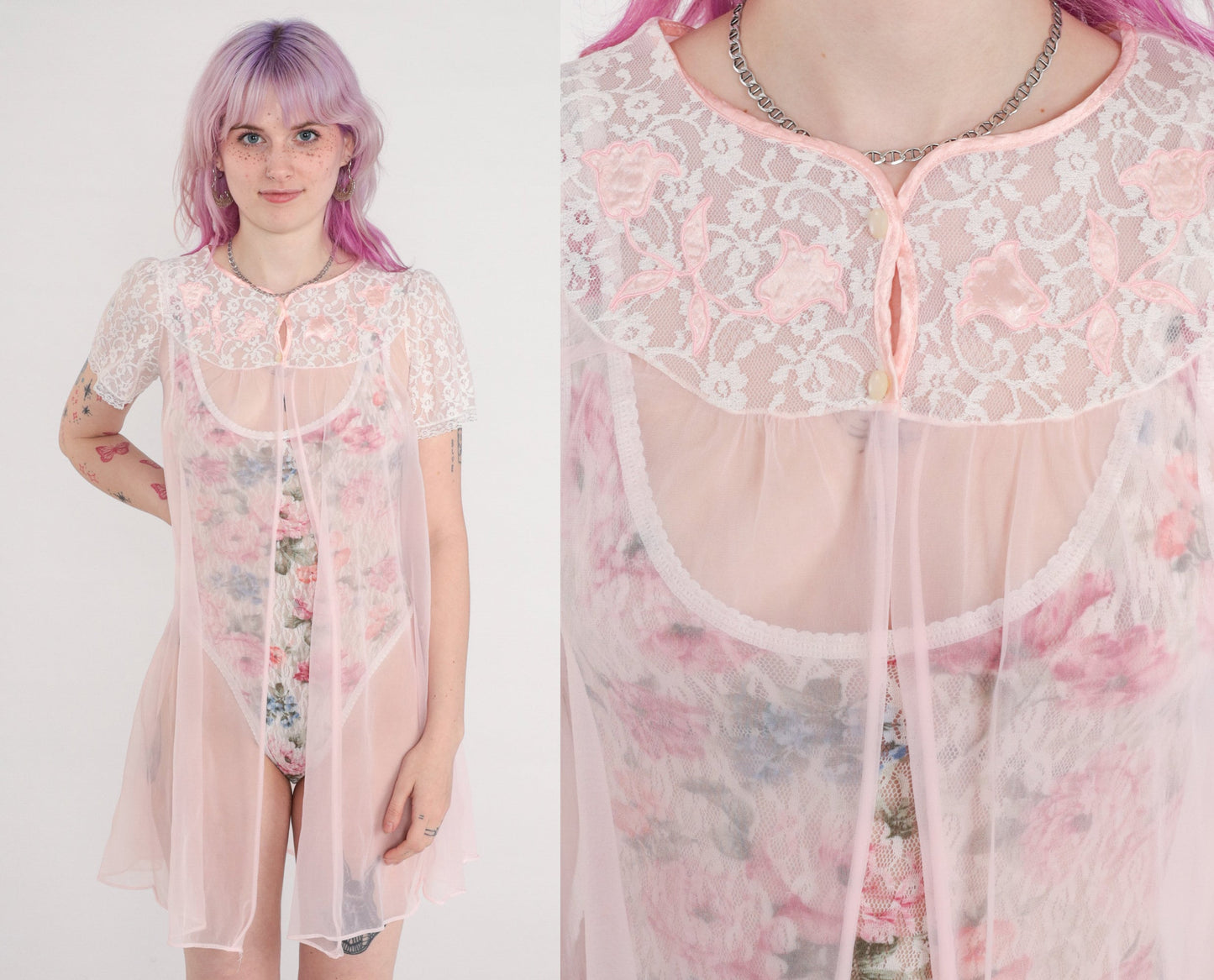70s Baby Pink Sheer Nylon Lingerie Robe Lace Puff Sleeve Small