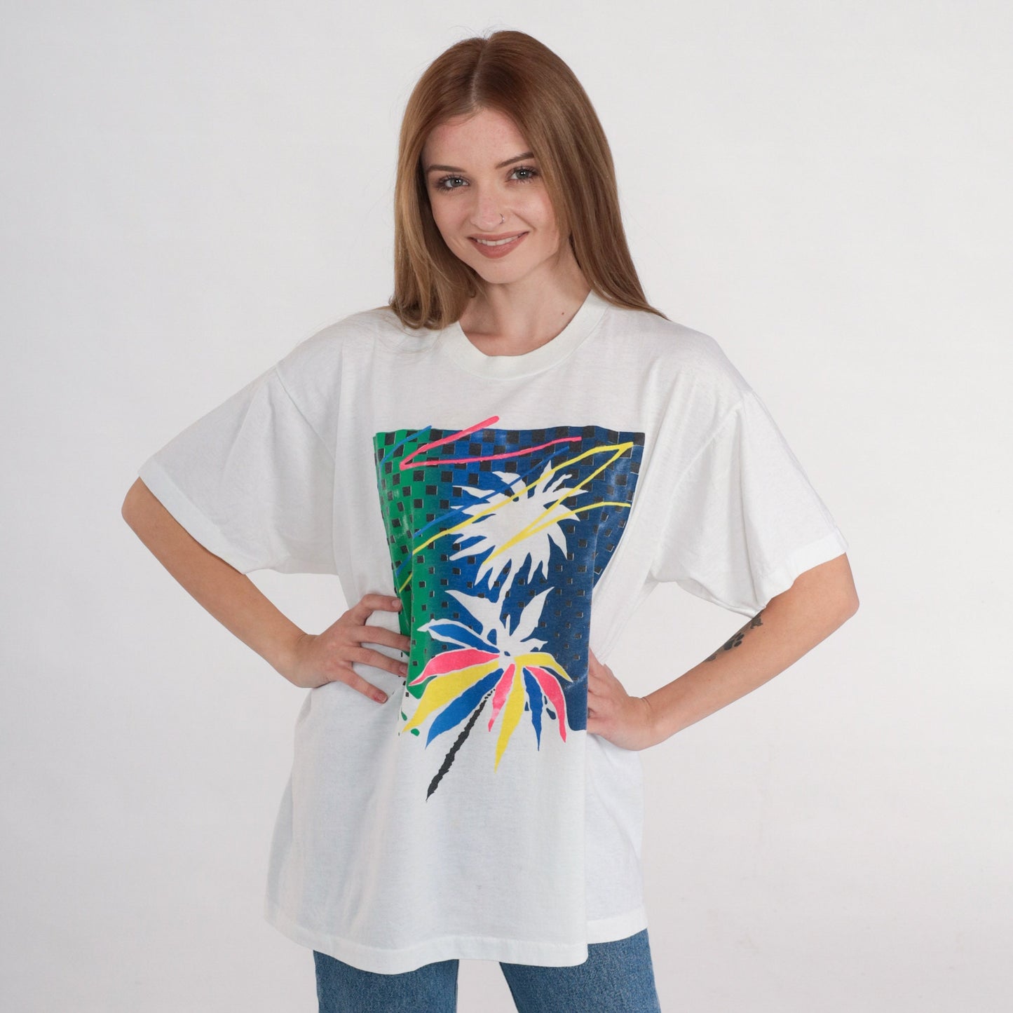 90s Tropical Palm Tree Graphic T-Shirt Single Stitch White Extra Large XL