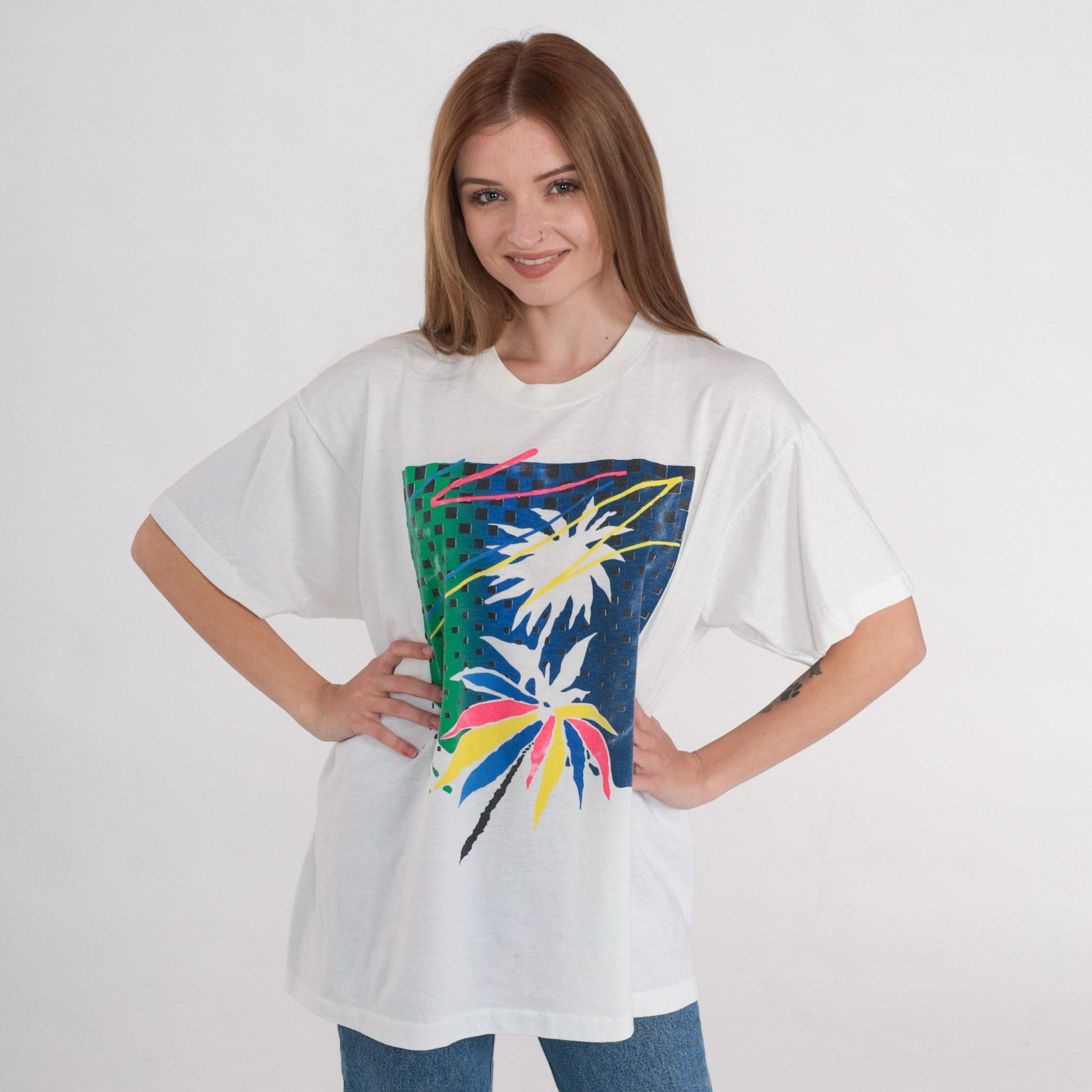 90s Tropical Palm Tree Graphic T-Shirt Single Stitch White Extra Large XL