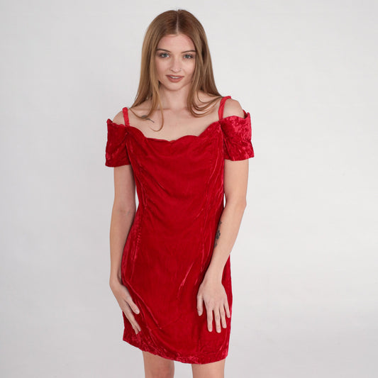 90s Red Velvet Mini Dress Off-Shoulder Scalloped Sheath Medium