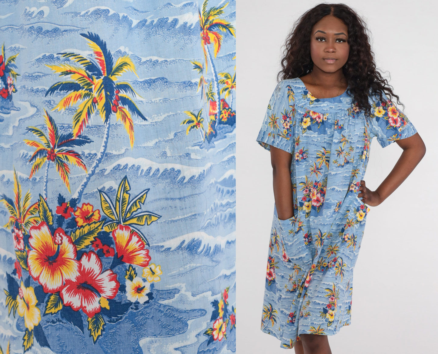 70s Hawaiian Tropical Floral Midi Dress Palm Tree Tent Cut Blue Large