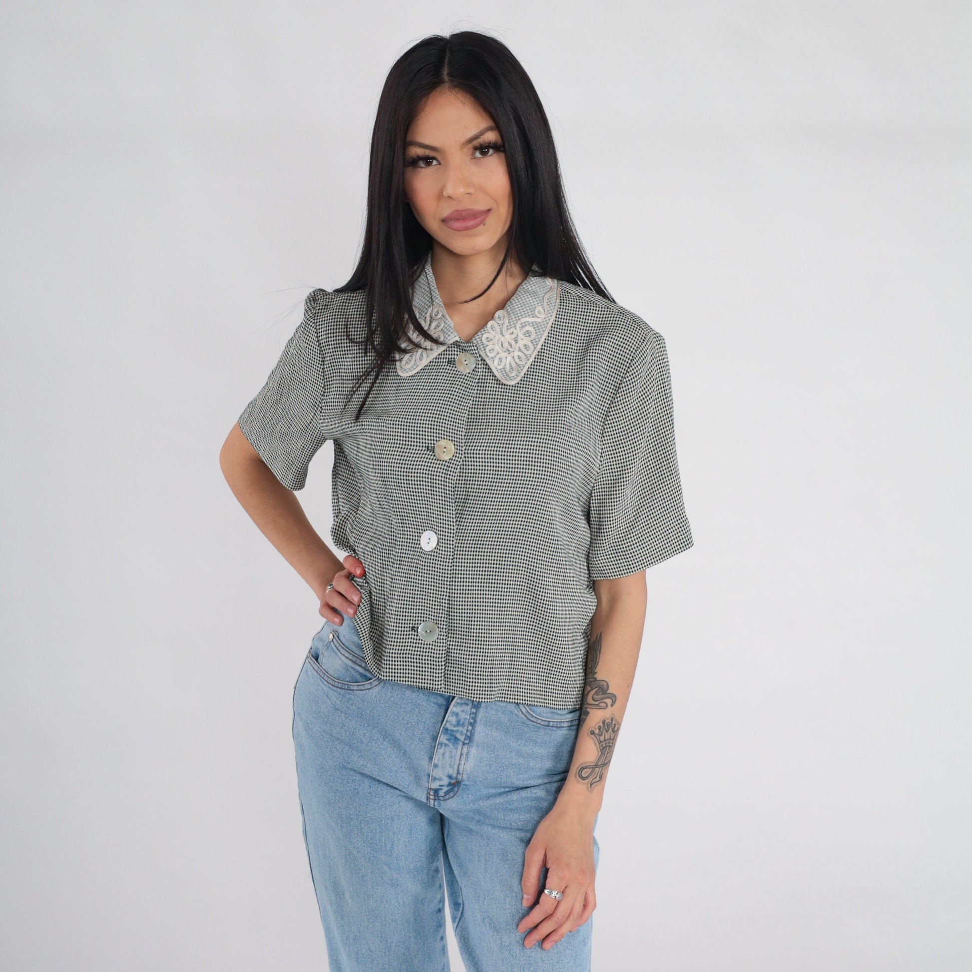 90s Black White Gingham Button-Up Blouse Soutache Collar Short Sleeve Medium M