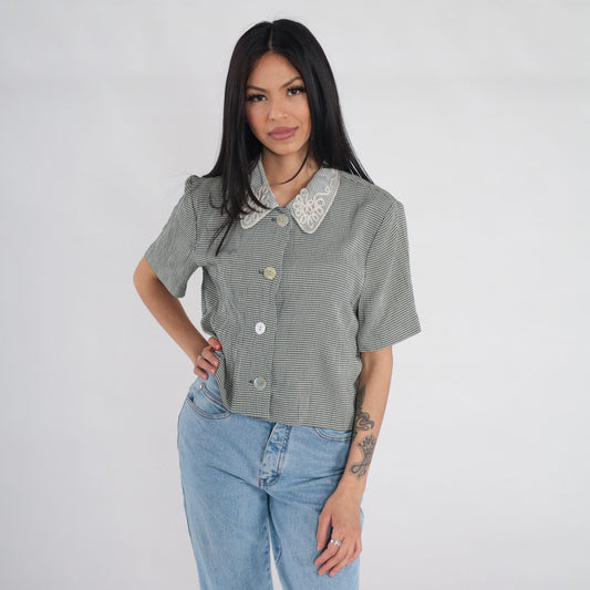 90s Black White Gingham Button-Up Blouse Soutache Collar Short Sleeve Medium M