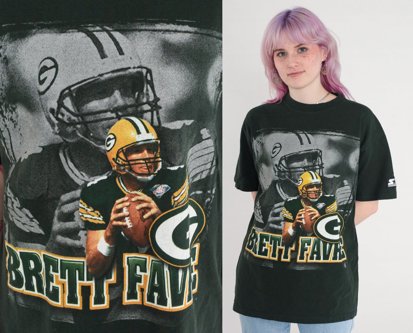 90s Brett Favre Green Bay Packers Starter Football T-Shirt Black Medium