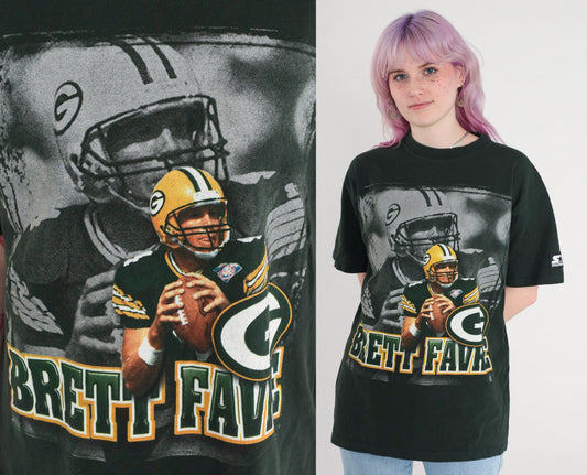 90s Brett Favre Green Bay Packers Starter Football T-Shirt Black Medium