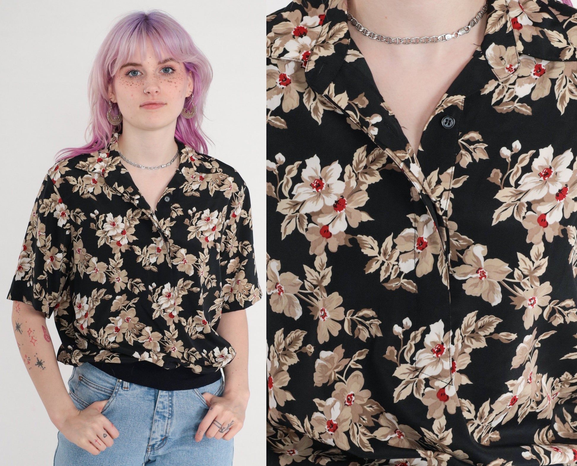 80s Alfred Dunner Floral Button-Up Blouse Black Banded Hem Medium