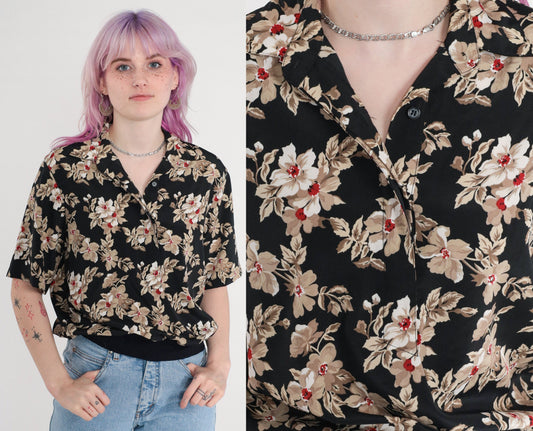 80s Alfred Dunner Floral Button-Up Blouse Black Banded Hem Medium