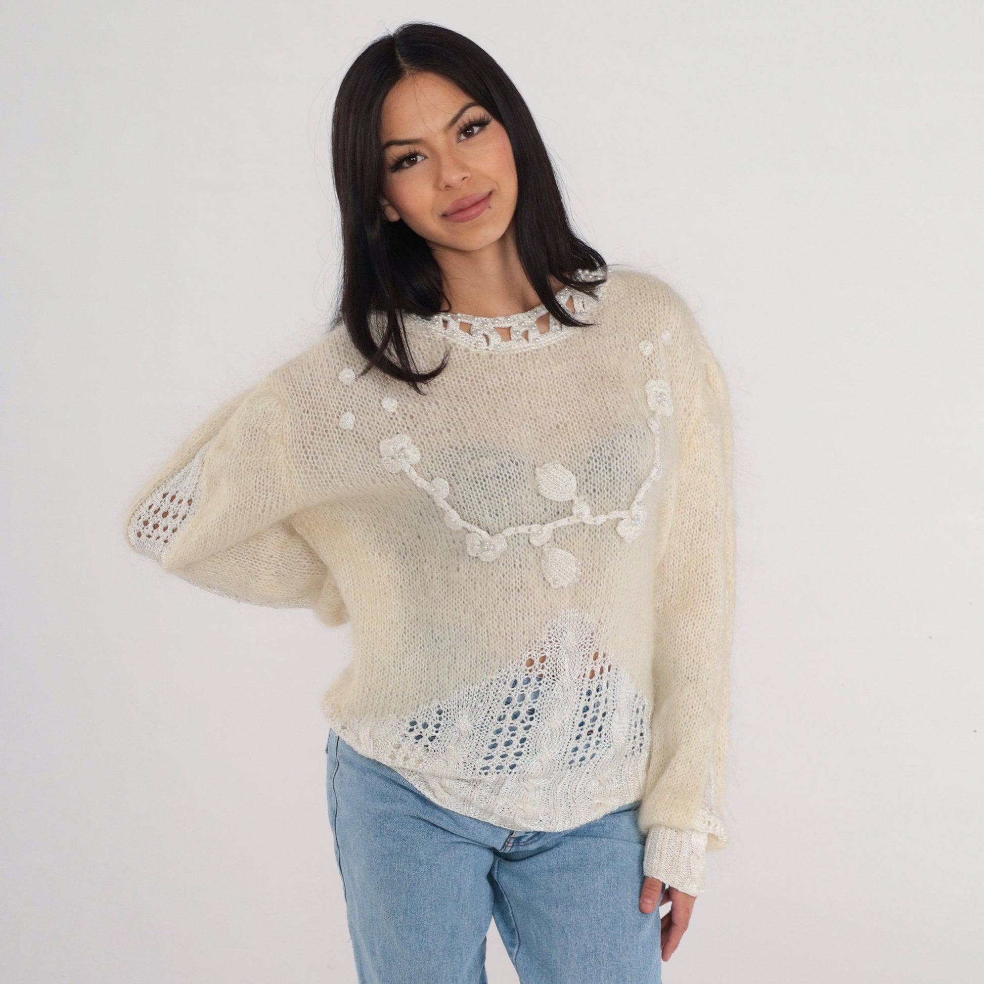 80s Cream Mohair Floral Sweater Pearl Beaded Cable Knit Cutout Pullover Large L
