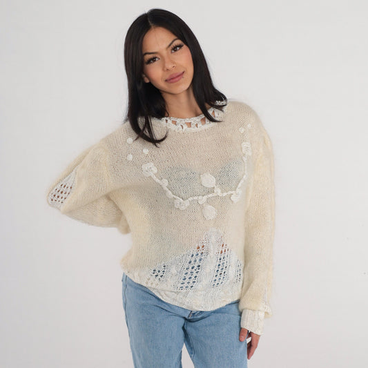 80s Cream Mohair Floral Sweater Pearl Beaded Cable Knit Cutout Pullover Large L