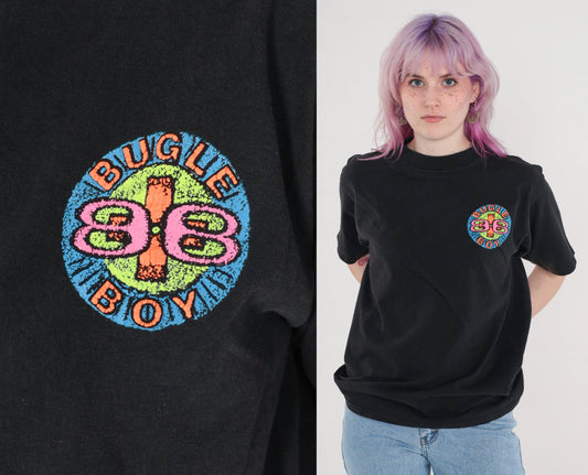 90s Bugle Boy Neon Spellout Graphic T-Shirt Black Cotton Medium