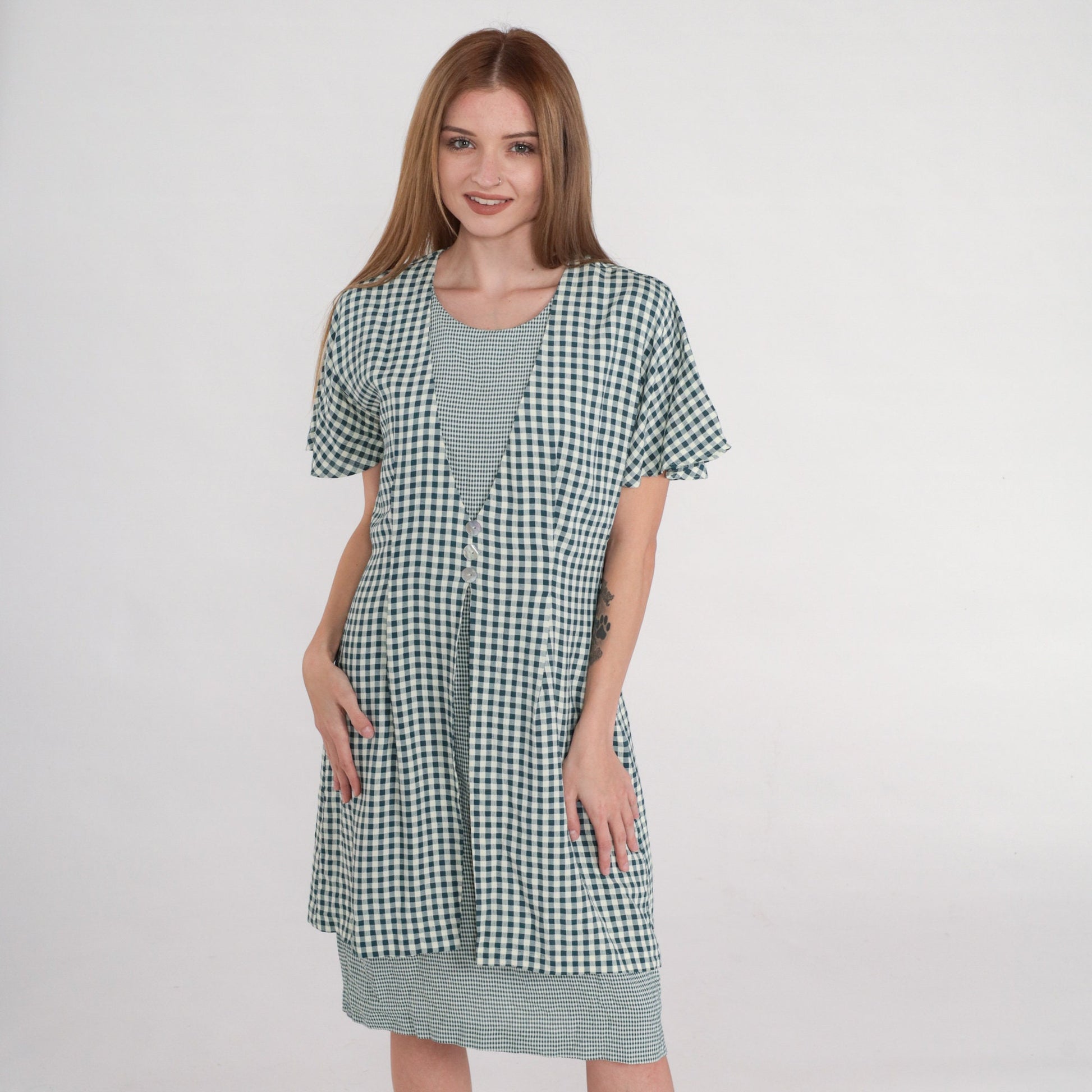90s Teal White Gingham Mini Shift Dress Button-Up Short Sleeve Medium