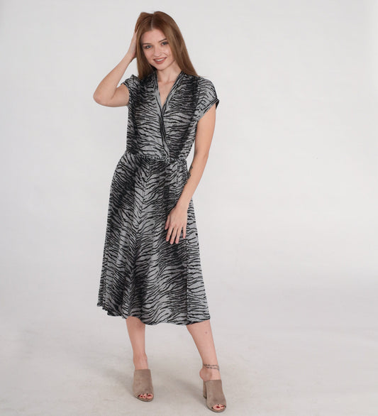 70s Tiger Print Midi Dress Grey Black Faux Wrap Cap Sleeve V Neck Small Medium