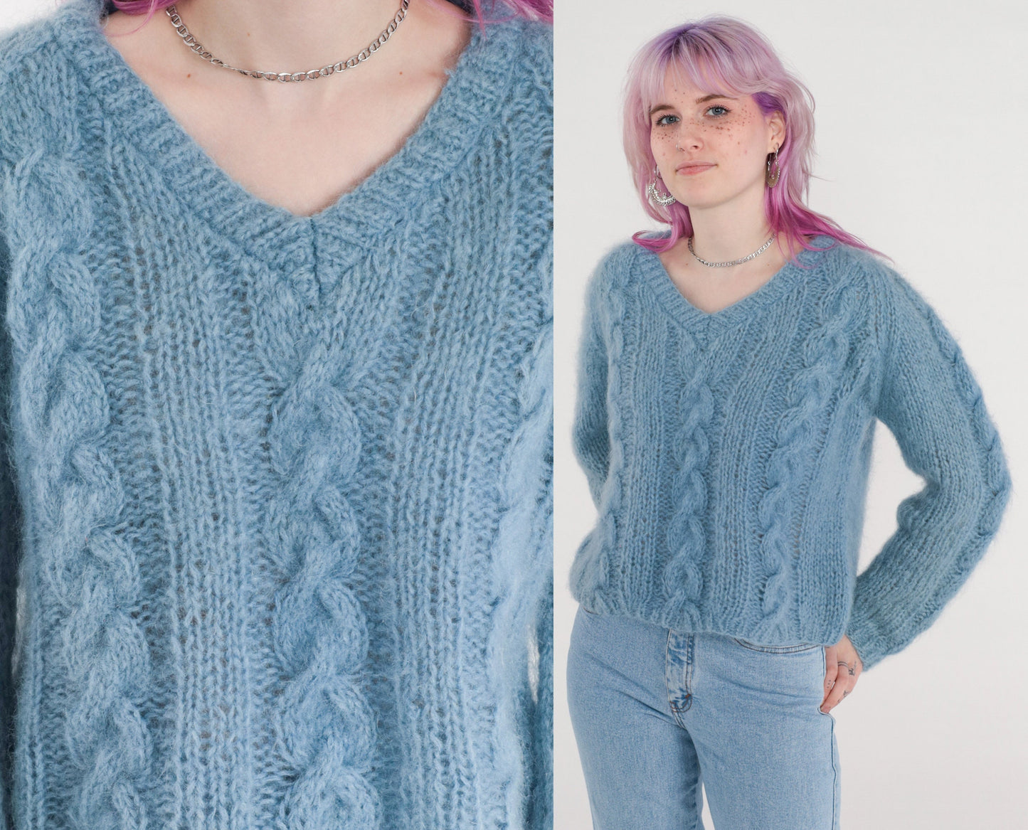 80s Blue Mohair Cable Knit V-Neck Sweater Open Weave Pullover Medium