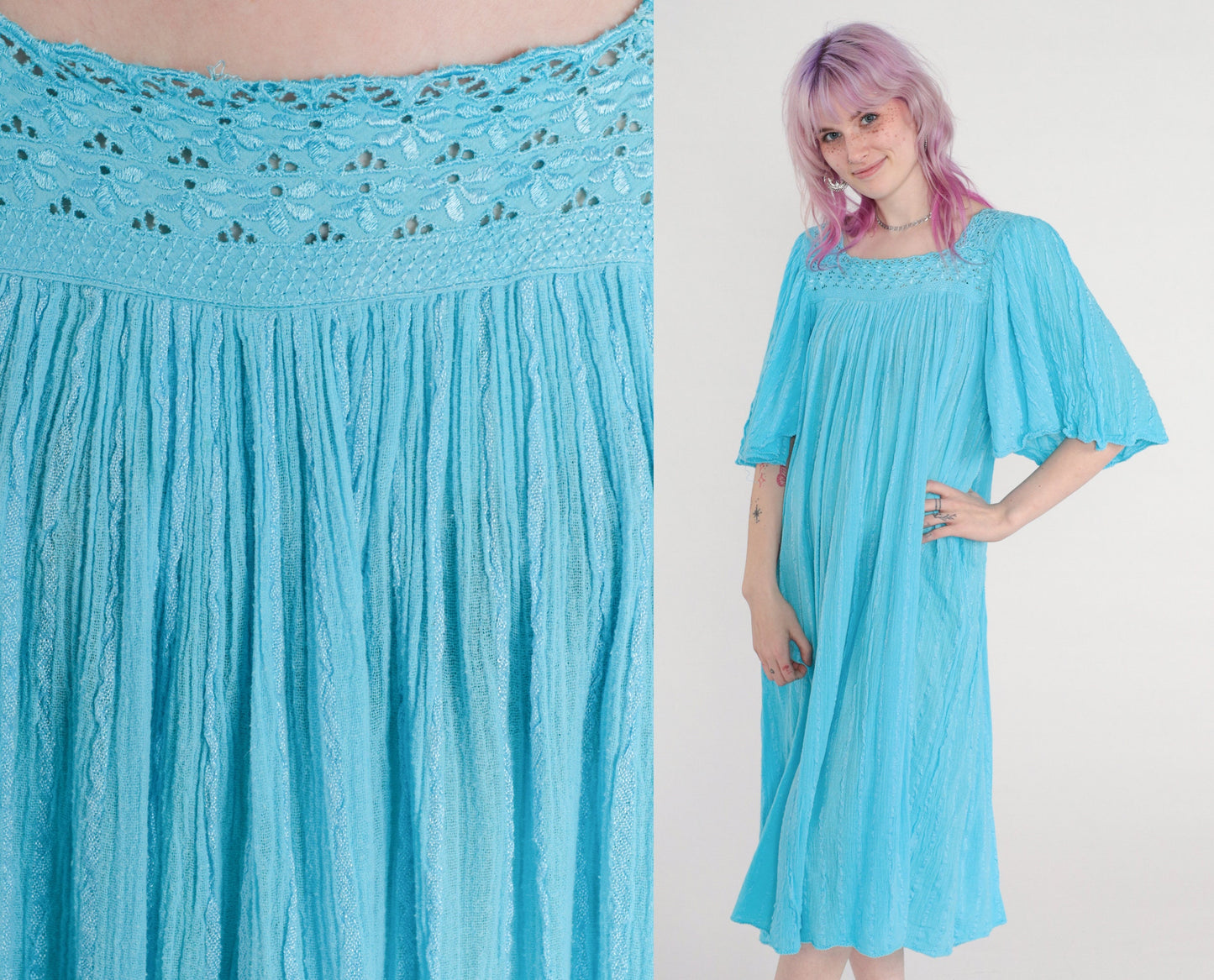 80s Blue Cotton Gauze Midi Dress Embroidered Cutout Flutter Sleeve Medium Large