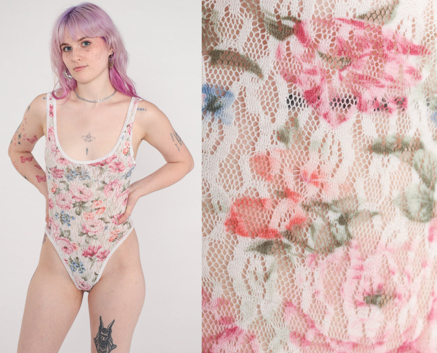 80s Floral Lace Bodysuit White Black Scoop Neck High Cut Medium