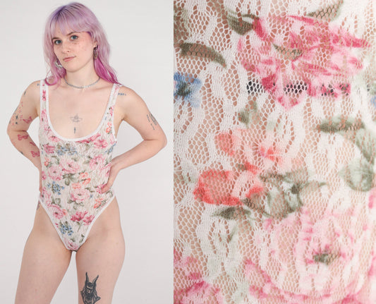 80s Floral Lace Bodysuit White Black Scoop Neck High Cut Medium
