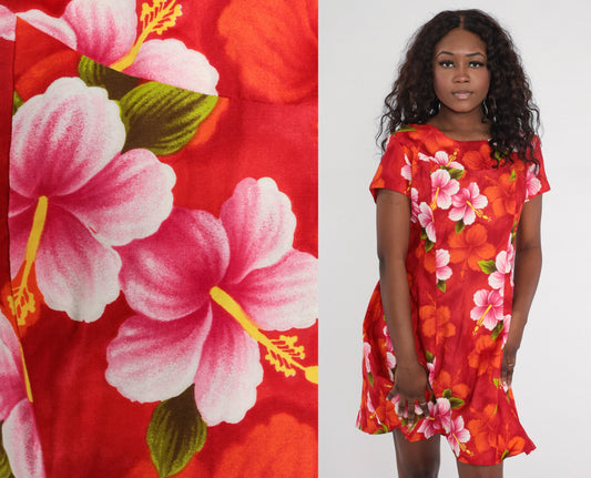 70s Ui-Maikai Hawaiian Floral Shift Dress Mini Red Pink Cotton Medium